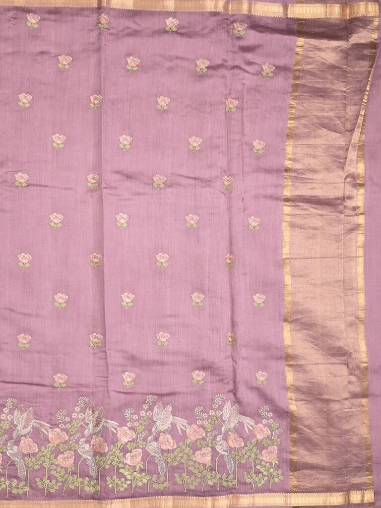 Munga pattu saree light purple color allover embroidery butis & small zari border with short pallu and attached plain blouse