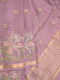 Munga pattu saree light purple color allover embroidery butis & small zari border with short pallu and attached plain blouse