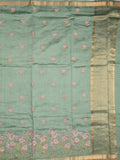 Munga pattu saree pista green color allover embroidery butis & small zari border with short pallu and attached plain blouse