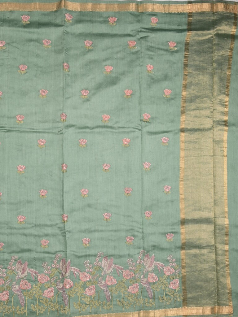 Munga pattu saree pista green color allover embroidery butis & small zari border with short pallu and attached plain blouse