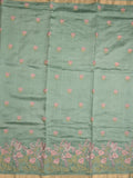 Munga pattu saree pista green color allover embroidery butis & small zari border with short pallu and attached plain blouse