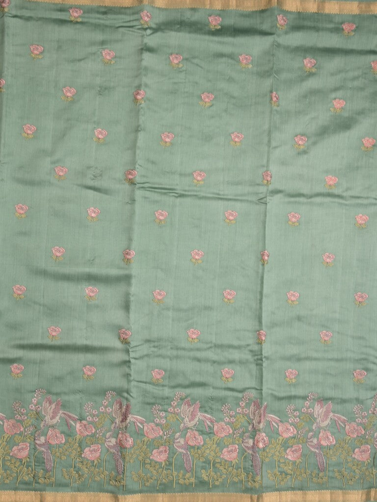 Munga pattu saree pista green color allover embroidery butis & small zari border with short pallu and attached plain blouse