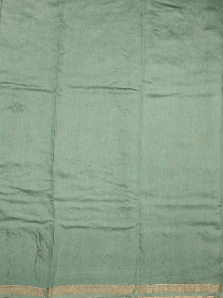 Munga pattu saree pista green color allover embroidery butis & small zari border with short pallu and attached plain blouse