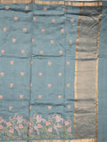 Munga pattu saree light blue color allover embroidery butis & small zari border with short pallu and attached plain blouse