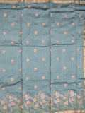 Munga pattu saree light blue color allover embroidery butis & small zari border with short pallu and attached plain blouse