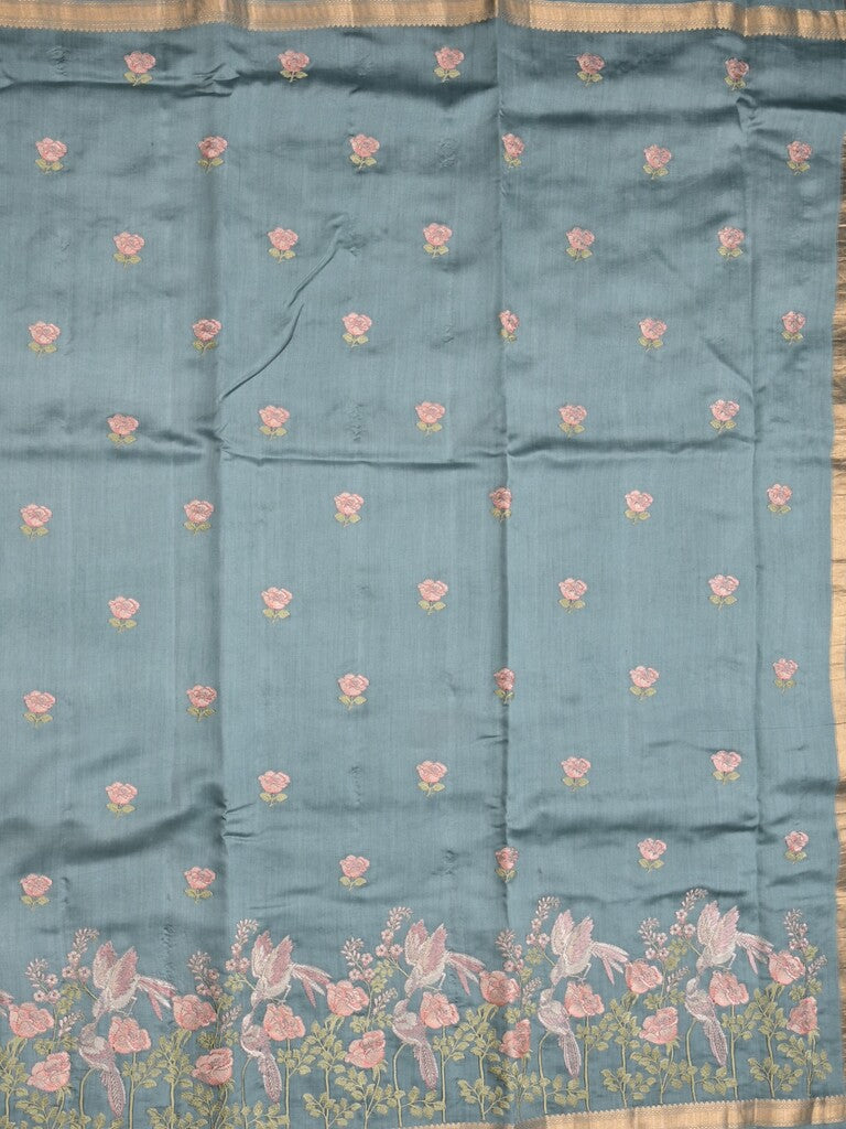 Munga pattu saree light blue color allover embroidery butis & small zari border with short pallu and attached plain blouse