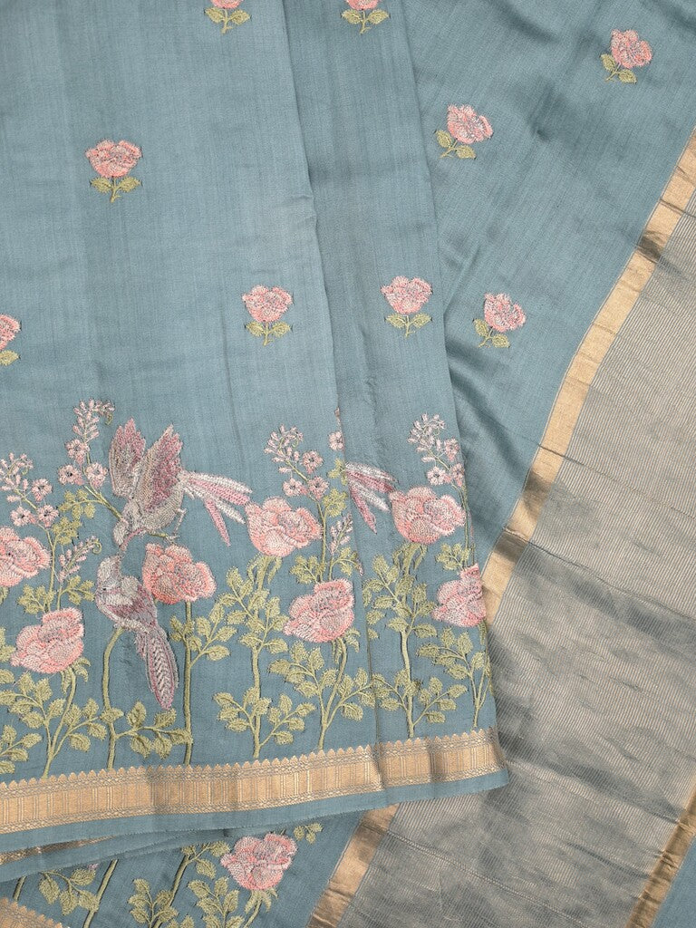 Munga pattu saree light blue color allover embroidery butis & small zari border with short pallu and attached plain blouse
