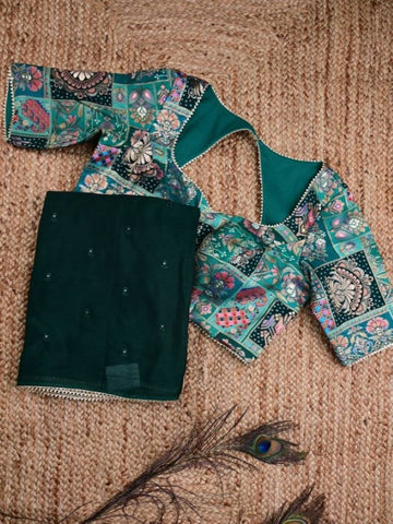 Chinnon fancy saree dark green color allover embroidery & fancy border with running pallu and stitched blouse