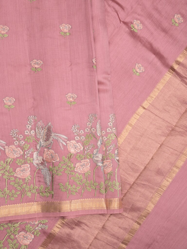 Munga pattu saree baby pink color allover embroidery butis & small zari border with short pallu and attached plain blouse