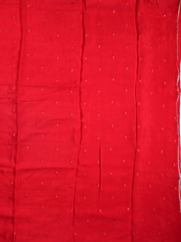 Chinnon fancy saree red color allover embroidery & fancy border with running pallu and stitched blouse