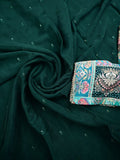 Chinnon fancy saree dark green color allover embroidery & fancy border with running pallu and stitched blouse