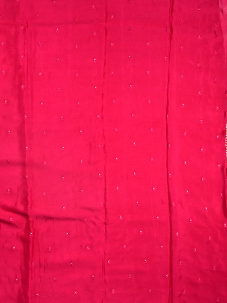 Chinnon fancy saree cherry pink color allover embroidery & fancy border with running pallu and stitched blouse