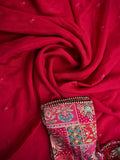 Chinnon fancy saree cherry pink color allover embroidery & fancy border with running pallu and stitched blouse