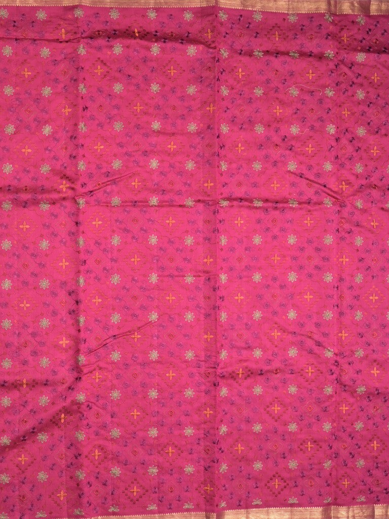 Munga pattu saree pink color allover weaves & small zari border with short pallu and attached plain blouse