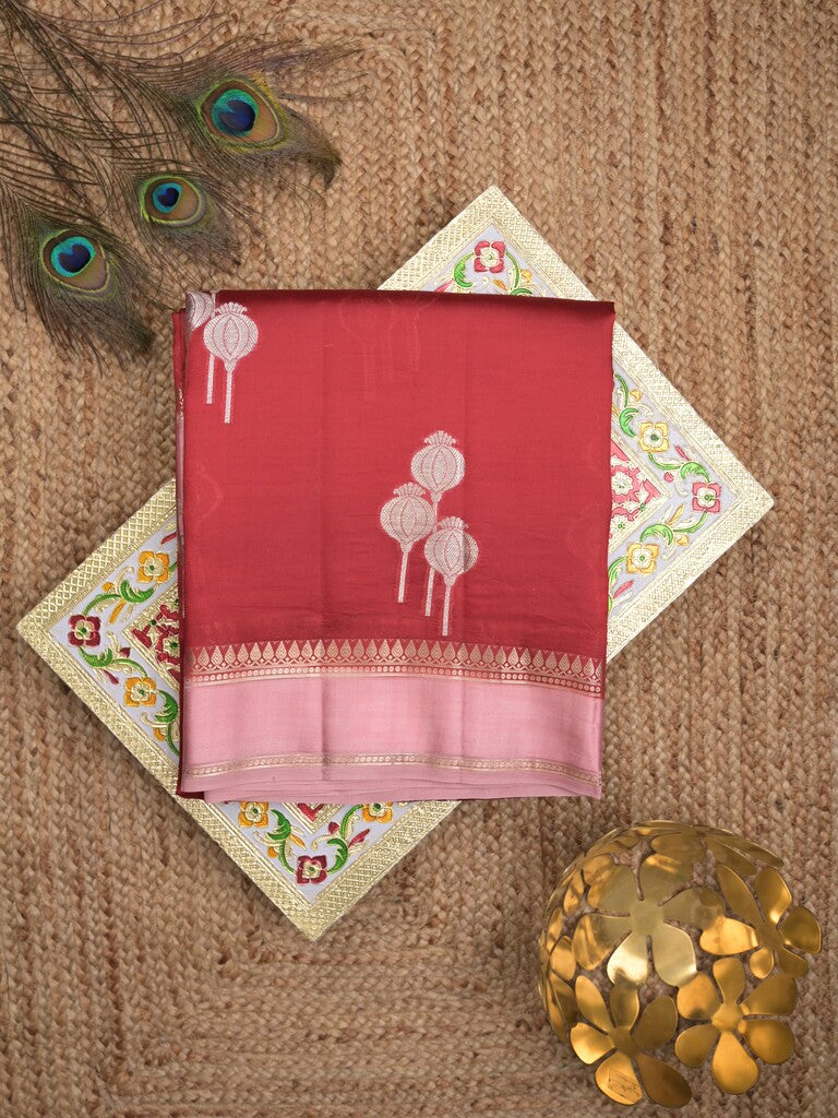 Raw mango pattu saree red color allover zari weaves & small kaddi border with brocade pallu and contrast blouse