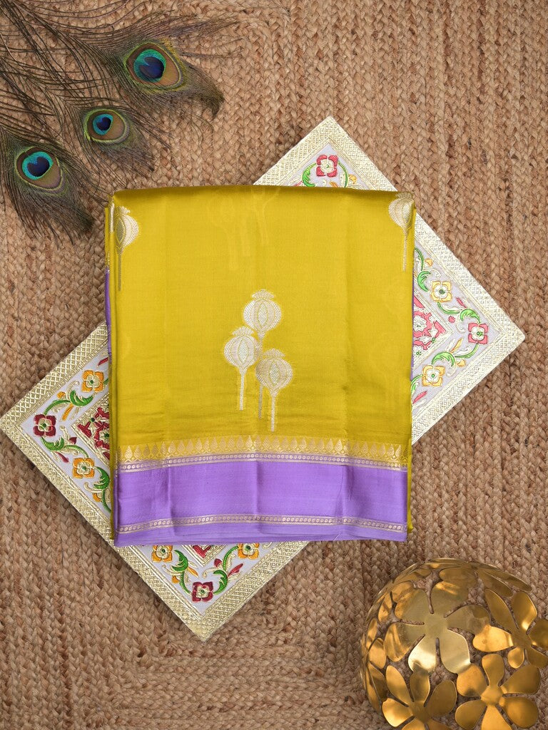Raw mango pattu saree greenish yellow color allover zari weaves & small kaddi border with brocade pallu and contrast blouse