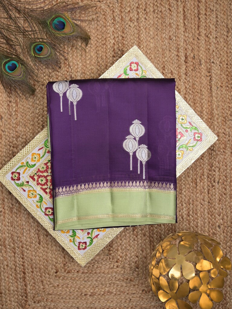 Raw mango pattu saree violet color allover zari weaves & small kaddi border with brocade pallu and contrast blouse