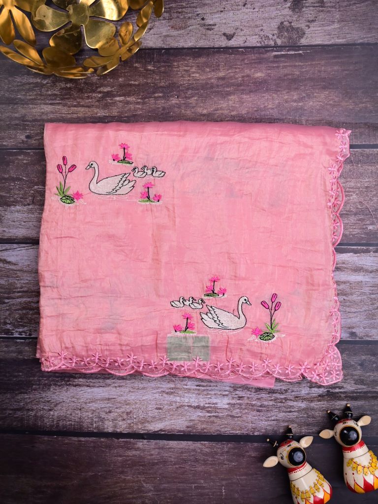 Soft organza fancy saree baby pink color allover embroidery & embroidery border with running pallu and self blouse