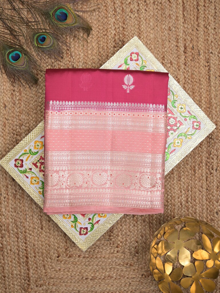 Raw mango pattu saree hot pink color allover zari weaves & zari border with brocade pallu and contrast plain blouse