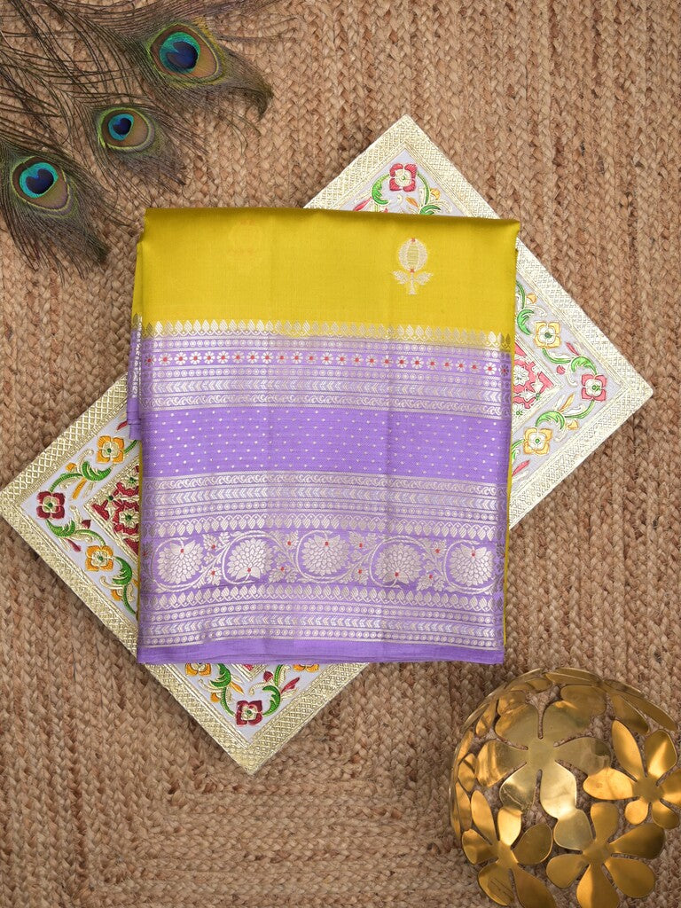 Raw mango pattu saree golden yellow color allover zari weaves & zari border with brocade pallu and contrast plain blouse