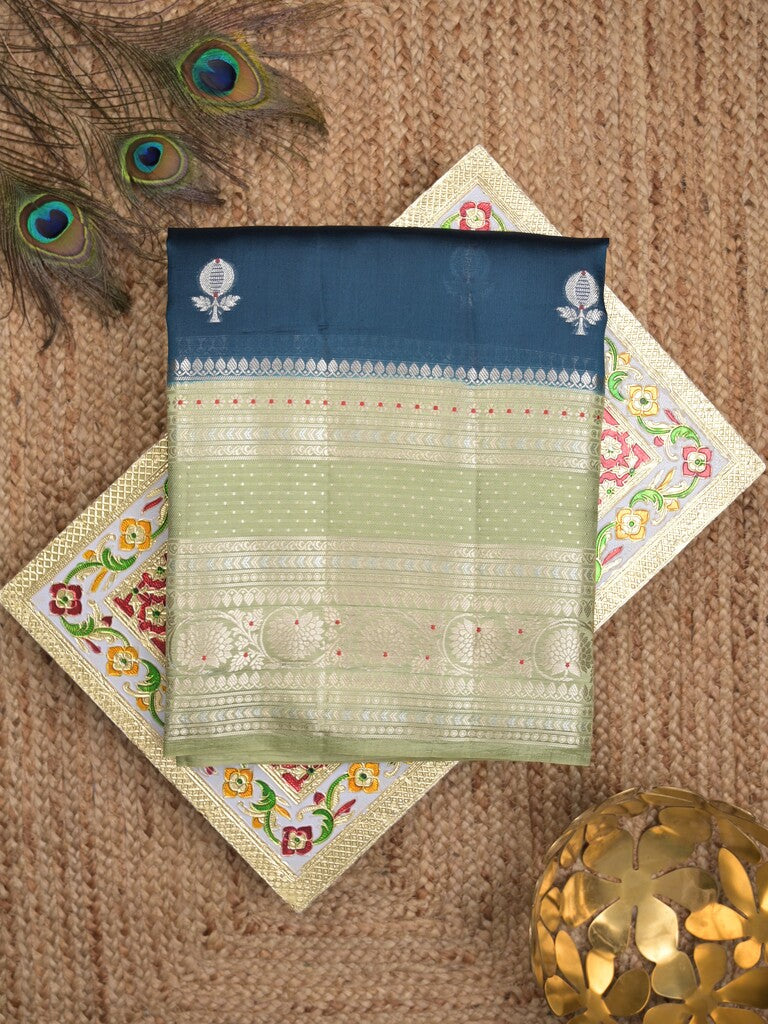 Raw mango pattu saree peacock blue color allover zari weaves & zari border with brocade pallu and contrast plain blouse