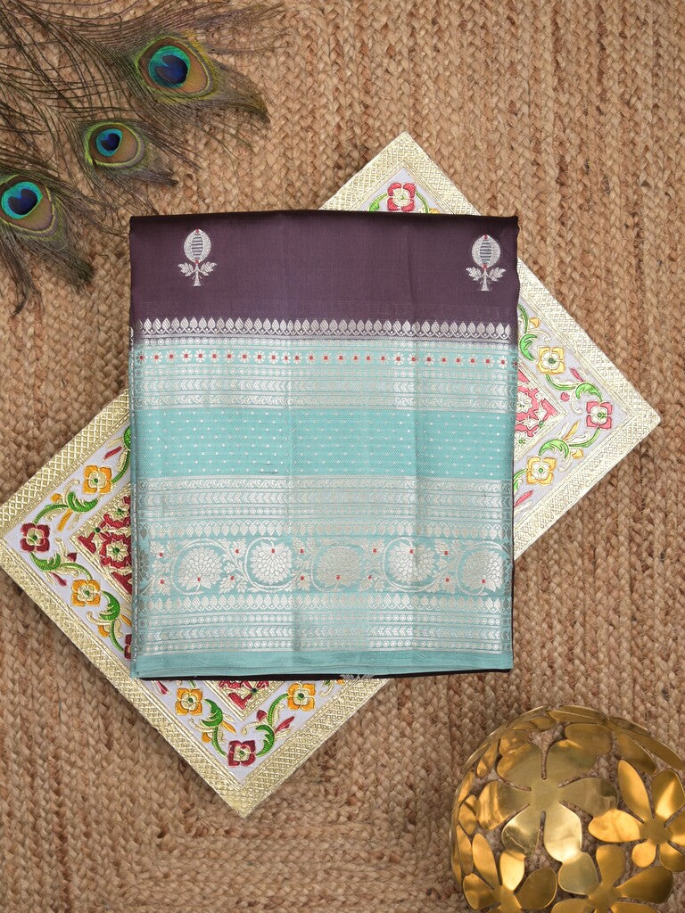 Raw mango pattu saree dark wine color allover zari weaves & zari border with brocade pallu and contrast plain blouse