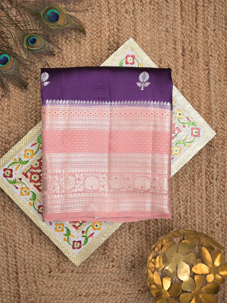 Raw mango pattu saree violet color allover zari weaves & zari border with brocade pallu and contrast plain blouse