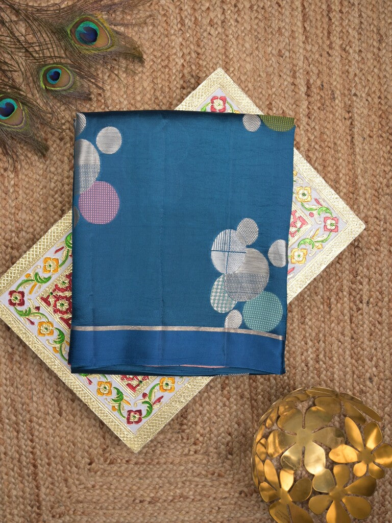 Raw mango pattu saree peacock blue color allover zari weaves & small kaddi border with short pallu and contrast blouse