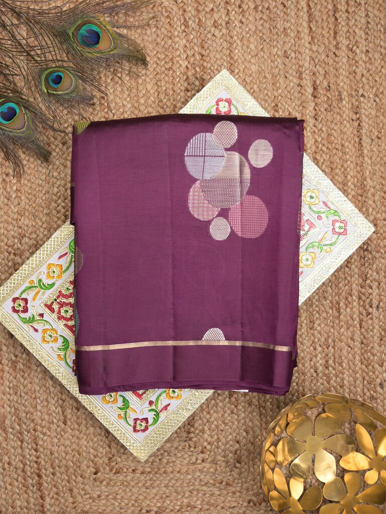 Raw mango pattu saree wine color allover zari weaves & small kaddi border with short pallu and contrast blouse
