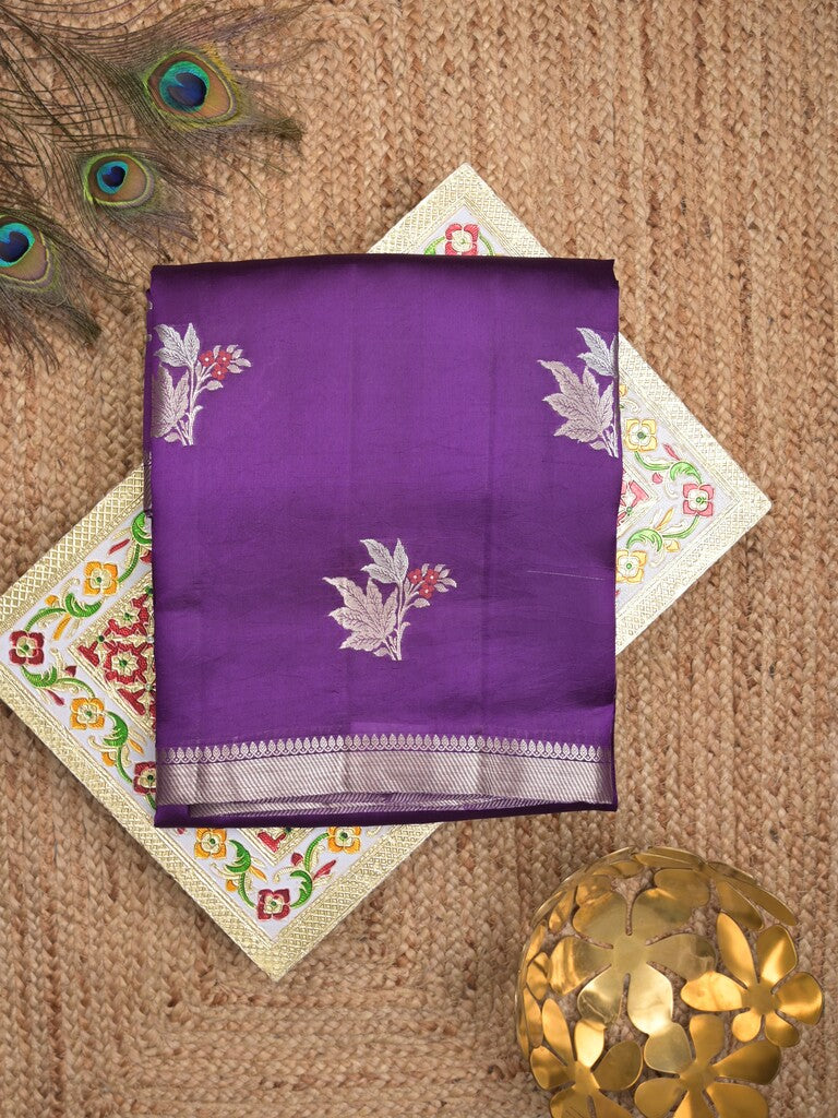 Raw mango pattu saree violet color allover zari weaves & small zari border with short pallu and contrast blouse
