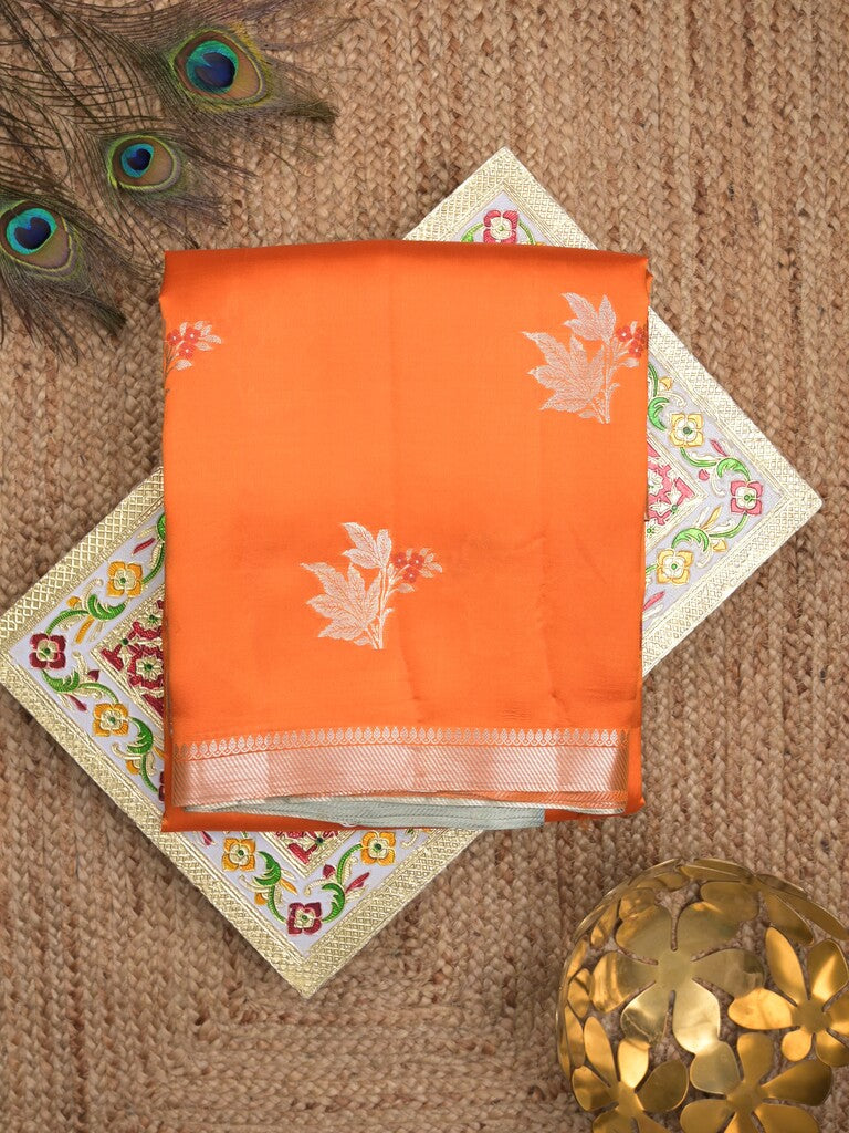Raw mango pattu saree orange color allover zari weaves & small zari border with short pallu and contrast blouse