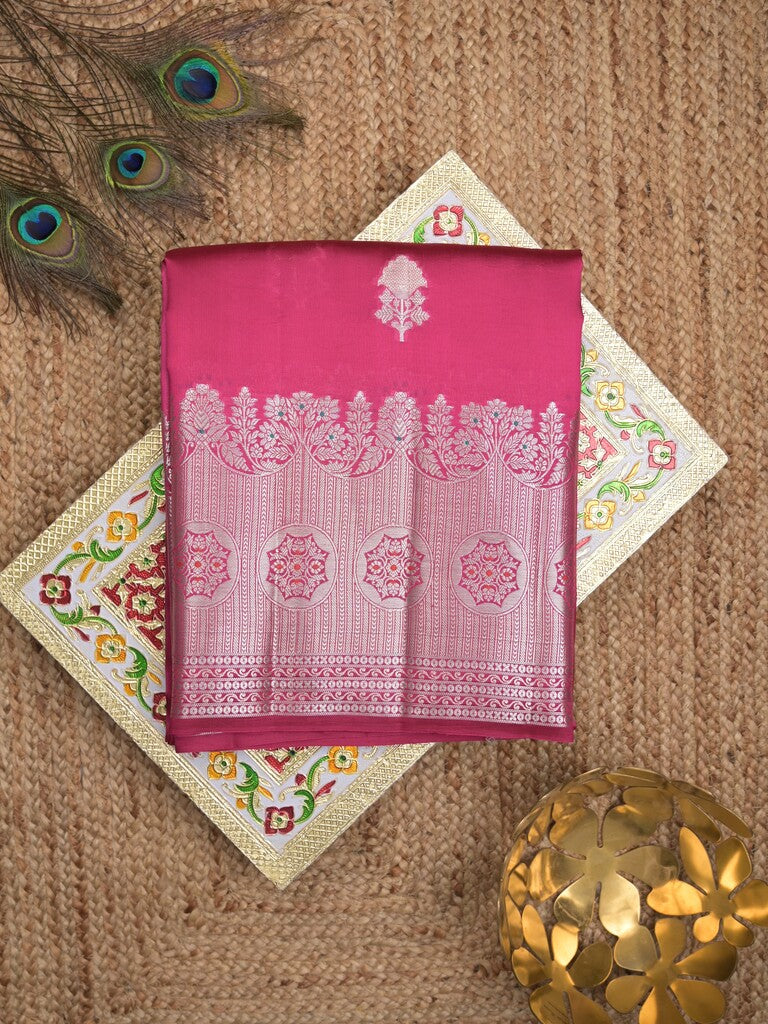 Raw mango pattu saree pink color allover zari weaves & zari border with brocade pallu and contrast blouse