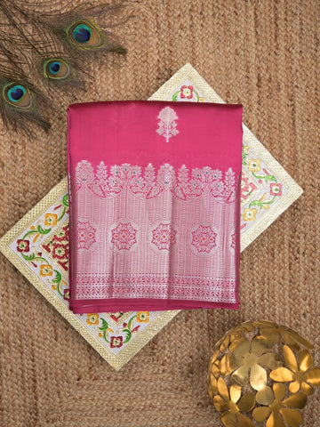 Raw mango pattu saree pink color allover zari weaves & zari border with brocade pallu and contrast blouse