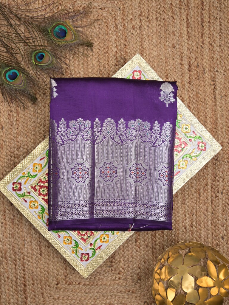 Raw mango pattu saree violet color allover zari weaves & zari border with brocade pallu and contrast blouse