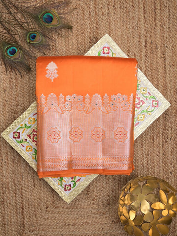 Raw mango pattu saree orange color allover zari weaves & zari border with brocade pallu and contrast blouse