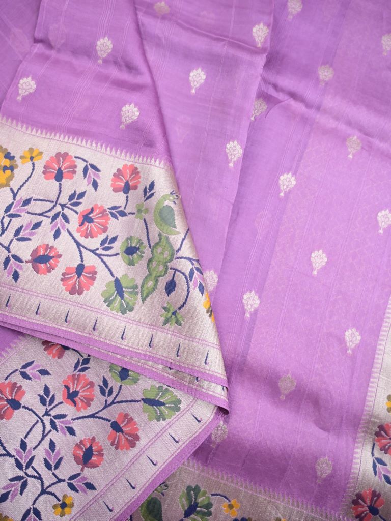 Georgette fancy saree lavender color allover zari motifs & paithani border with paithani pallu and attached blouse