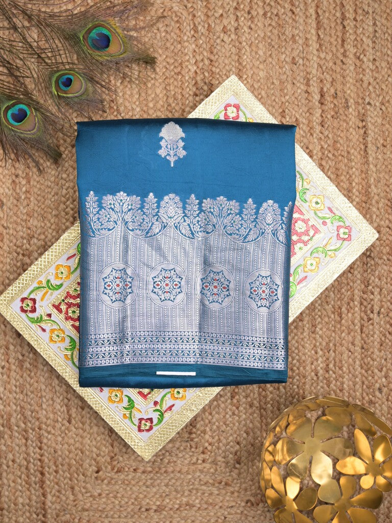 Raw mango pattu saree peacock blue color allover zari weaves & zari border with brocade pallu and contrast blouse