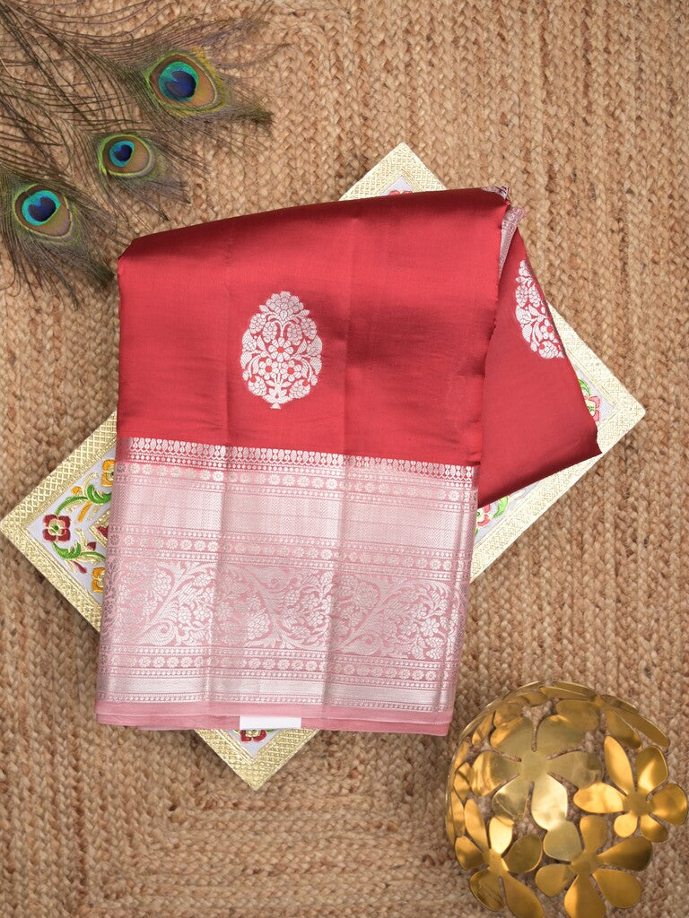 Raw mango pattu saree red color allover zari weaves & zari border with brocade pallu and contrast blouse