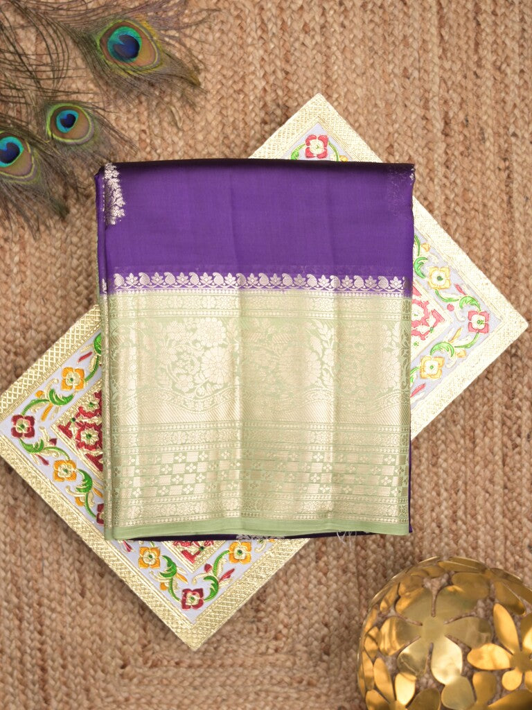 Raw mango pattu saree violet color allover zari weaves & zari border with brocade pallu and contrast blouse
