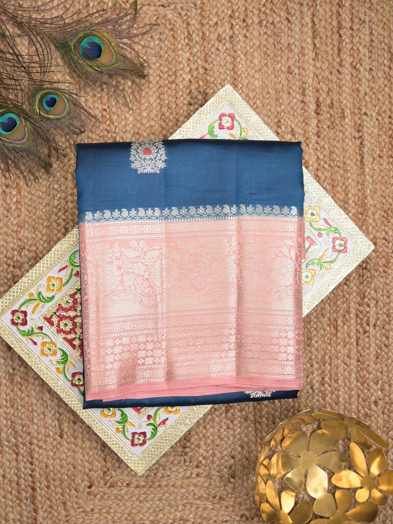 Raw mango pattu saree peacock blue color allover zari weaves & zari border with brocade pallu and contrast blouse