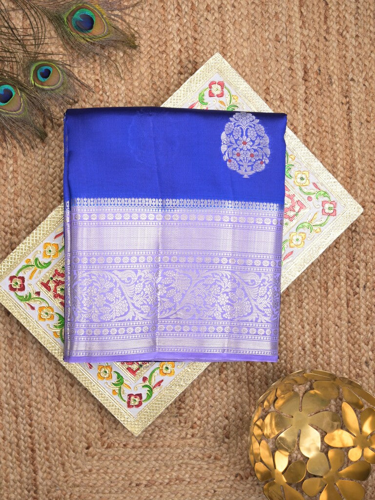 Raw mango pattu saree royal blue color allover zari weaves & zari border with brocade pallu and contrast blouse