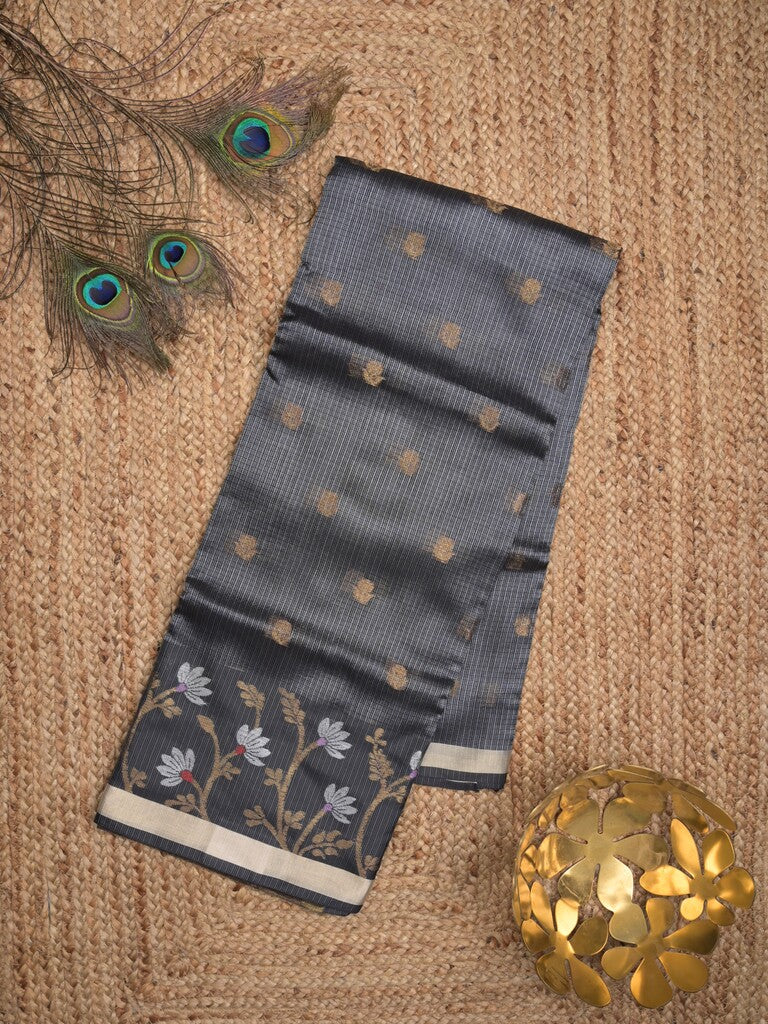 Pure silk kota fancy saree grey color allover zari motifs & zari border with short zari pallu and attached plain blouse