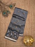 Pure silk kota fancy saree grey color allover zari motifs & zari border with short zari pallu and attached plain blouse