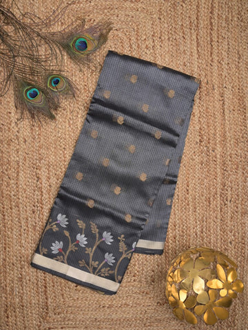 Pure silk kota fancy saree grey color allover zari motifs & zari border with short zari pallu and attached plain blouse