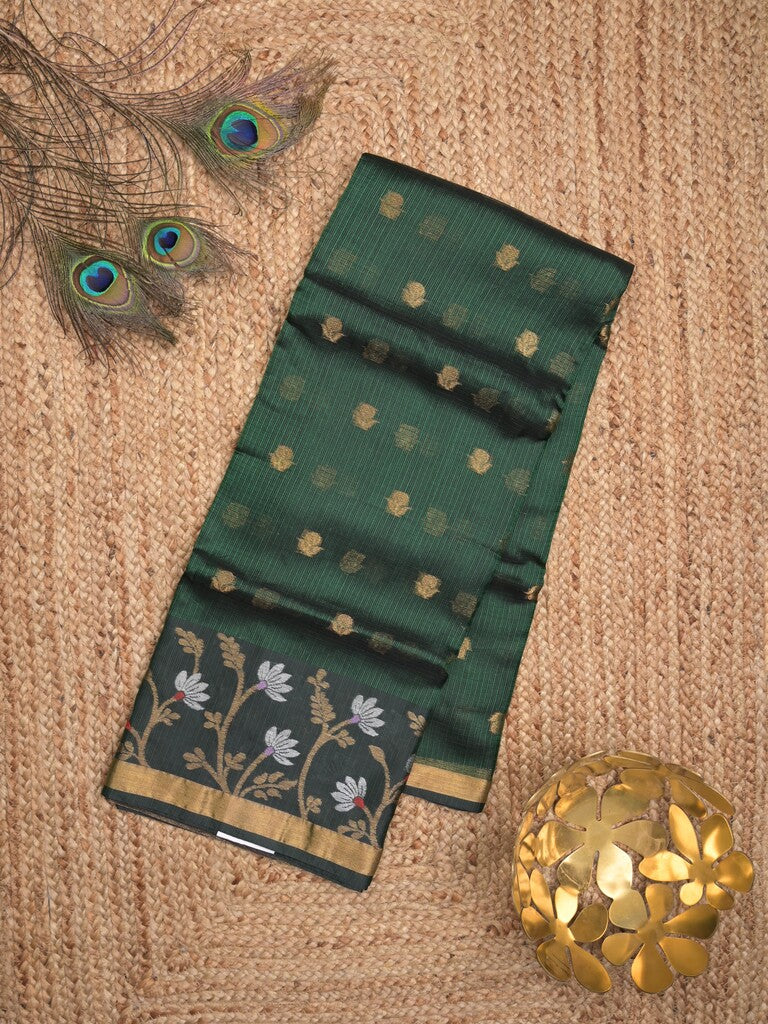 Pure silk kota fancy saree bottle green color allover zari motifs & zari border with short zari pallu and attached plain blouse