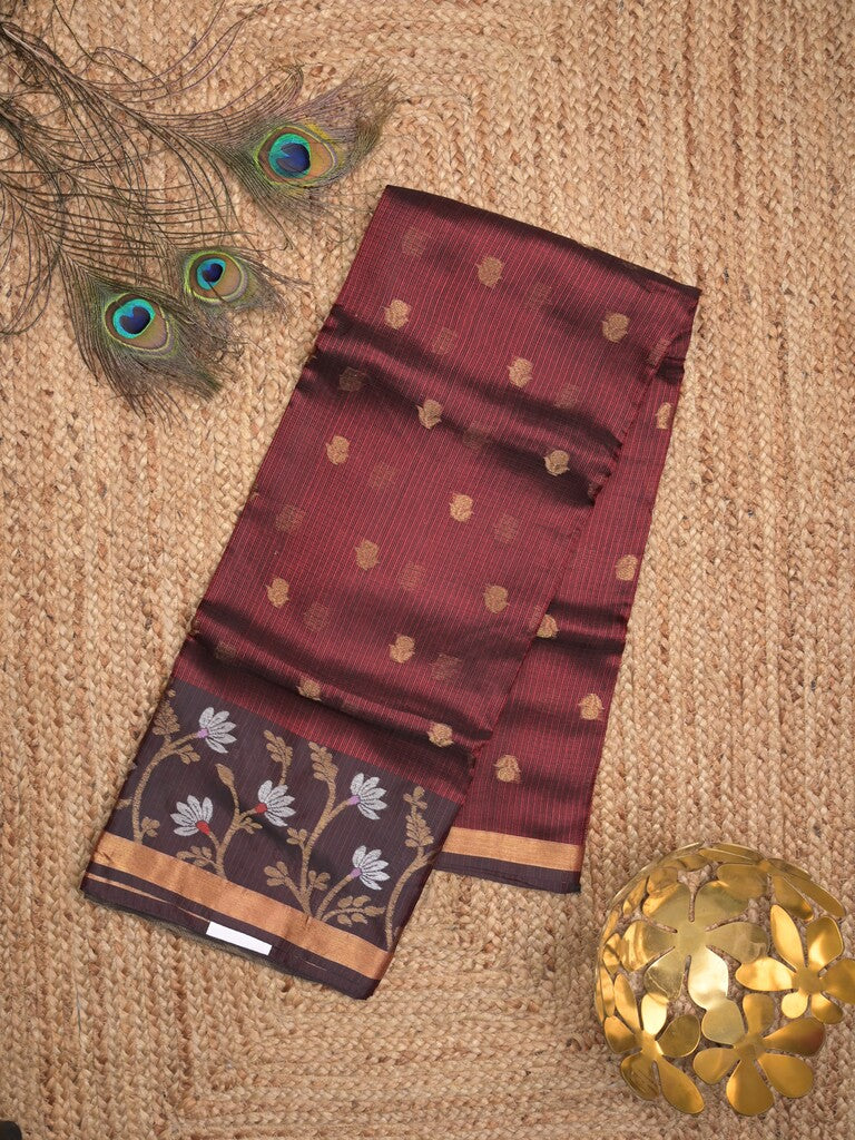 Pure silk kota fancy saree dark maroon color allover zari motifs & zari border with short zari pallu and attached plain blouse