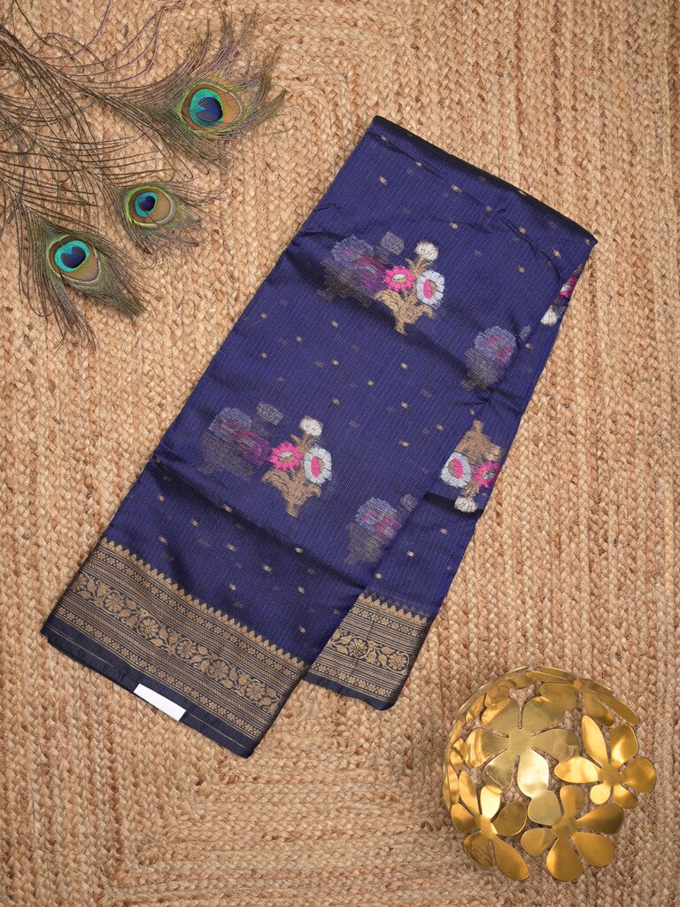 Pure silk kota fancy saree royal blue color allover zari motifs & zari border with short zari pallu and attached plain blouse