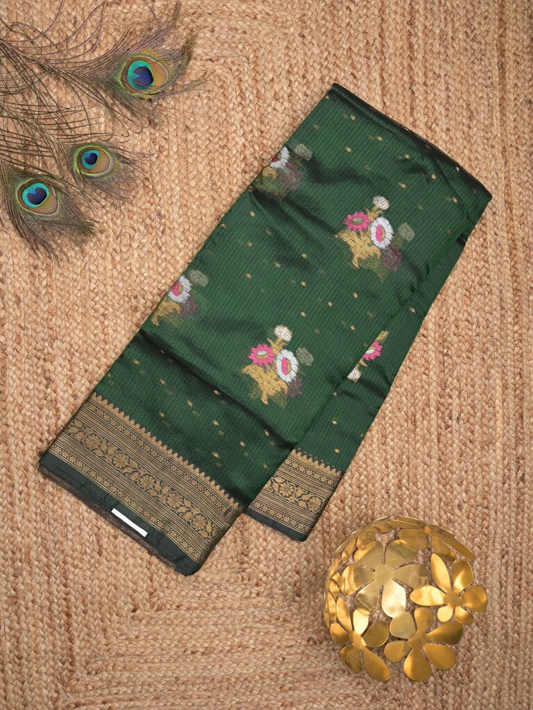Pure silk kota fancy saree bottle green color allover zari motifs & zari border with short zari pallu and attached plain blouse