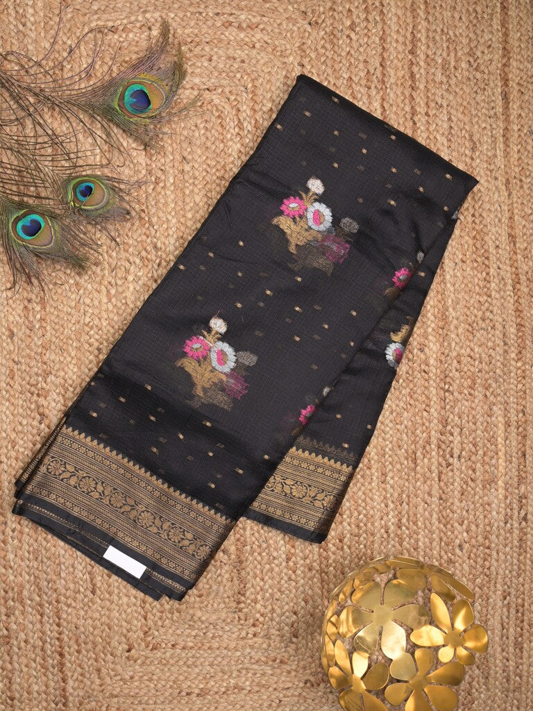 Pure silk kota fancy saree black color allover zari motifs & zari border with short zari pallu and attached plain blouse
