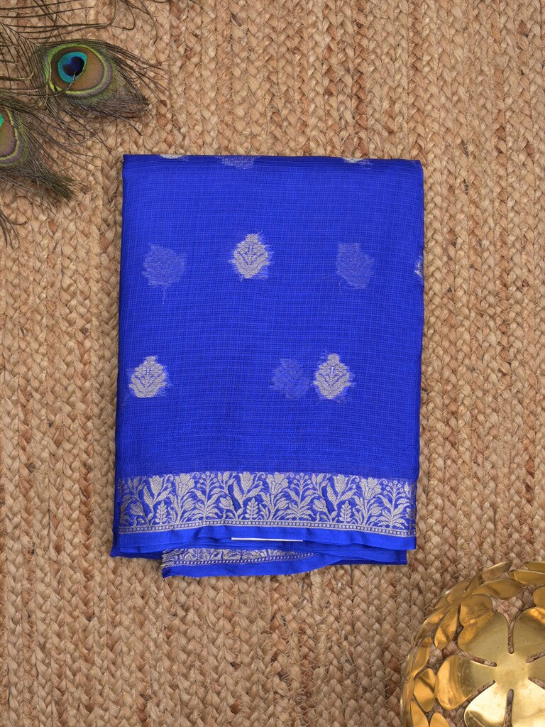 Pure silk kota fancy saree royal blue color allover zari motifs & zari border with short zari pallu and attached plain blouse